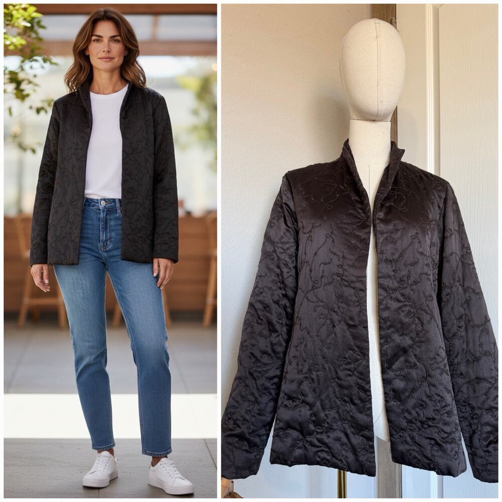 Eileen Fisher Quilted Silk Jacket Women's Sz M Brown Open Front Blazer Artisan
